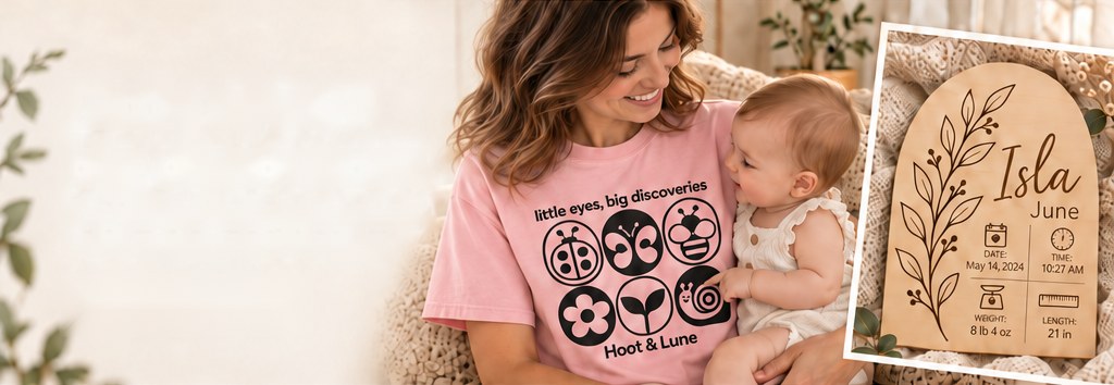 A mother in a pink Hoot & Lune tee holding her baby, beside a wooden birth announcement sign