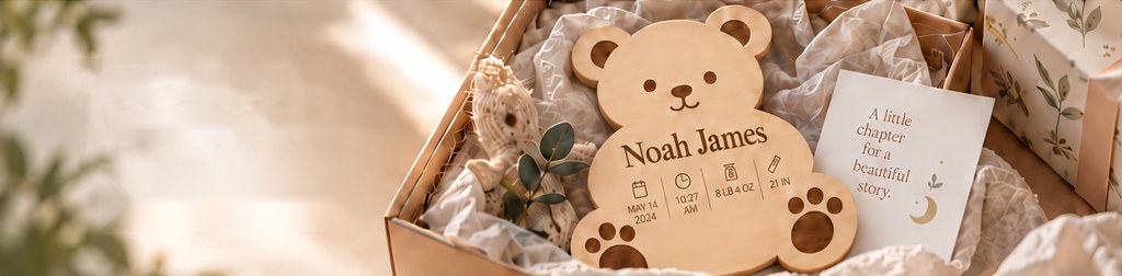 A wooden bear birth announcement sign engraved Noah James, in a gift box with a card